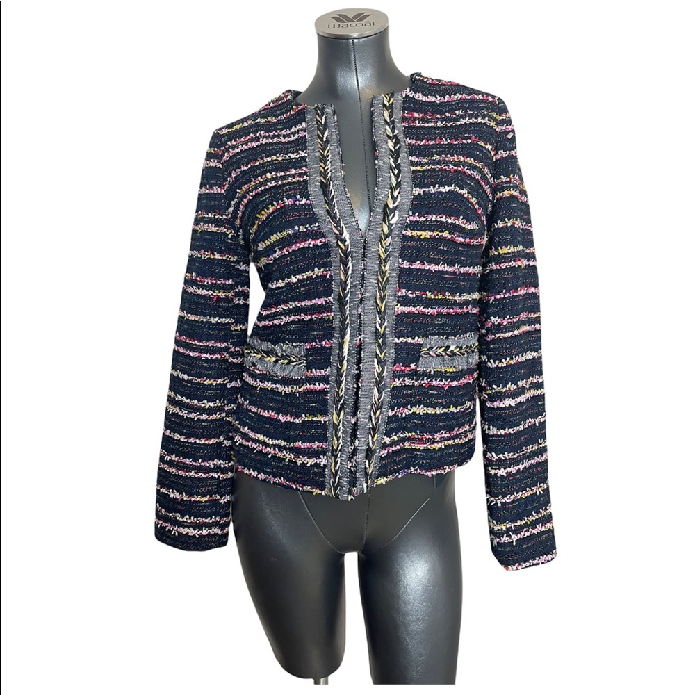 EUC Talbots Textured Navy Pink Striped Tweed Clasp Front Blazer Jacket Size 2